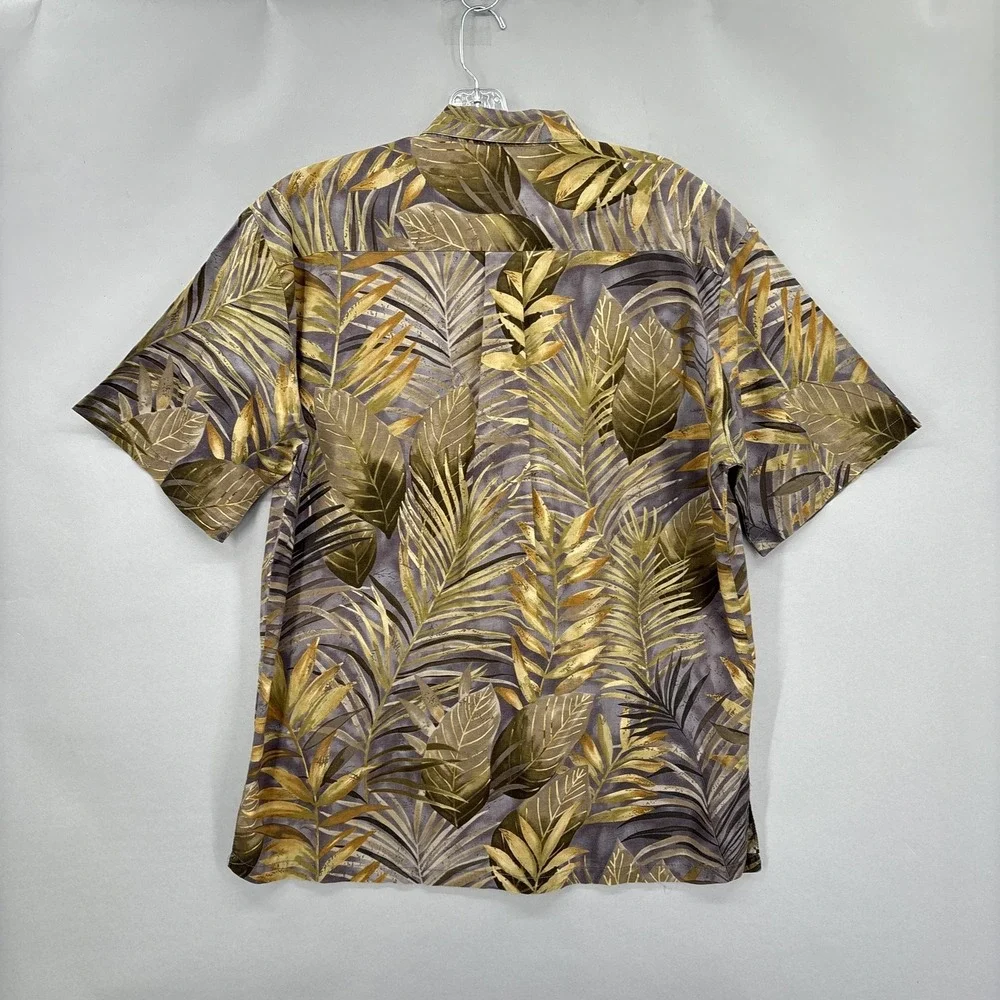 Tori Richard Shirt Mens Large Brown Gray Yellow Leaf Aloha Cotton Lawn Vintage‎